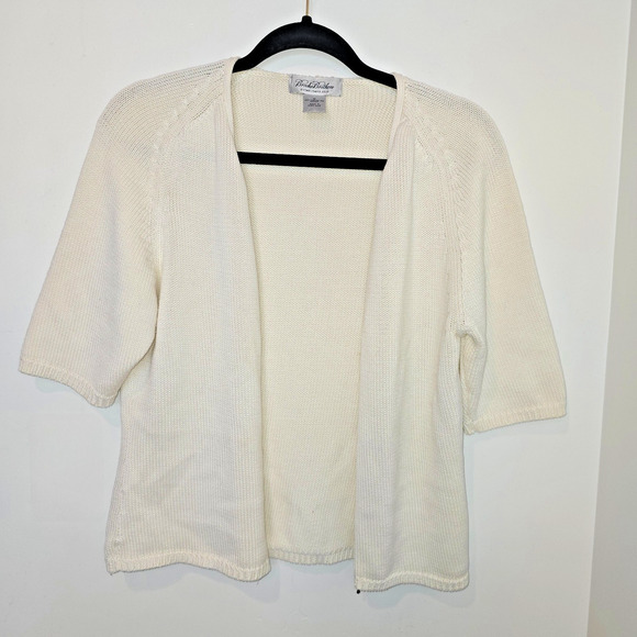 Brooks Brothers Womens Cotton Cardigan Medium Cream Short Sleeve Zip Up Sweater - Picture 2 of 8